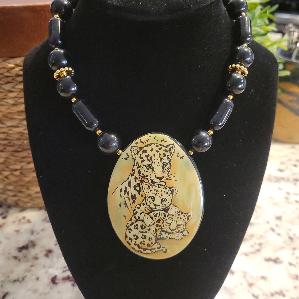 Black and Gold Leopard Pendant Necklace